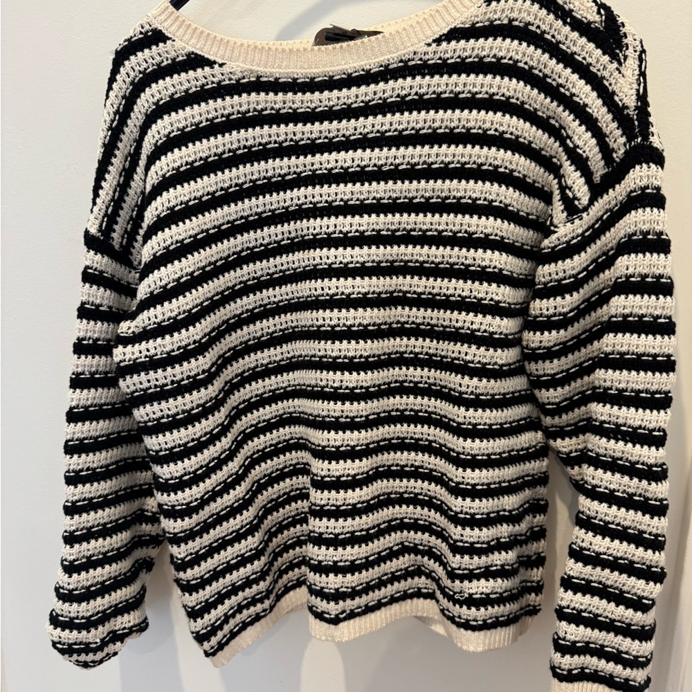 LOFT Black and Cream Striped Sweater